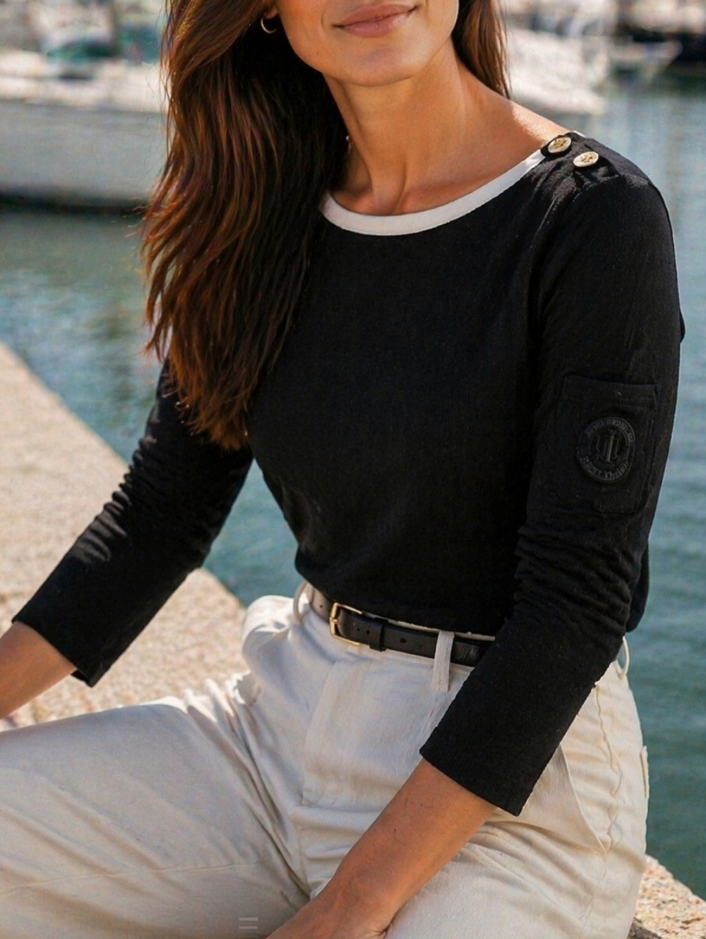 Lauren Ralph Lauren Black Cotton Boat Neck Top Gold Button Shoulder 3/4 Sleeve